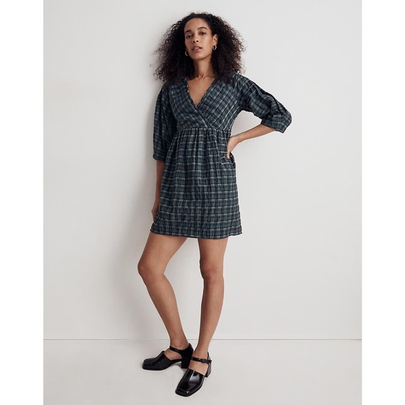 Madewell Women's Small Marianna Raglan Puff Sleeve Forest Green Plaid Mini Dress - Picture 1 of 13